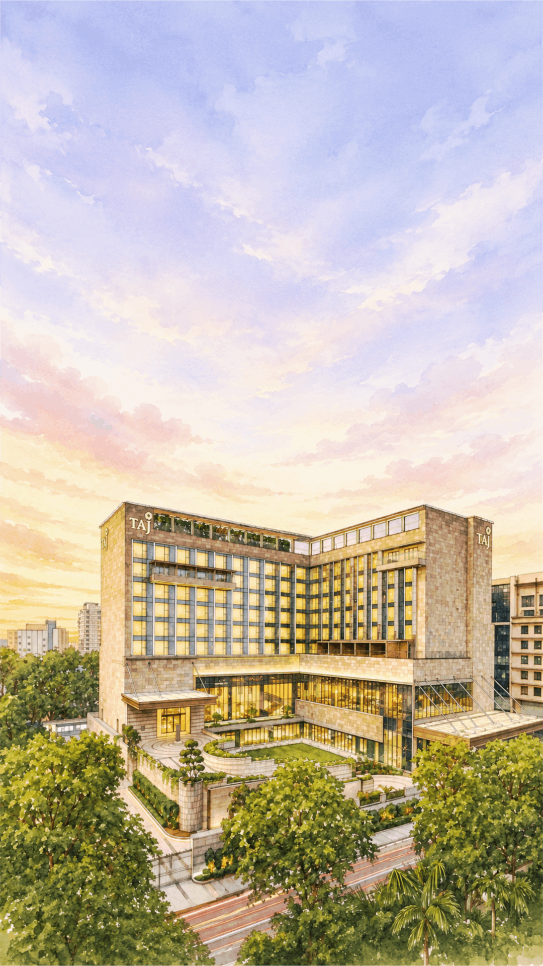 Watercolour painting of the Taj hotel at sunset