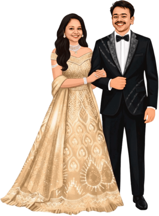 Couple in a gold gown and black tuxedo on the dance floor