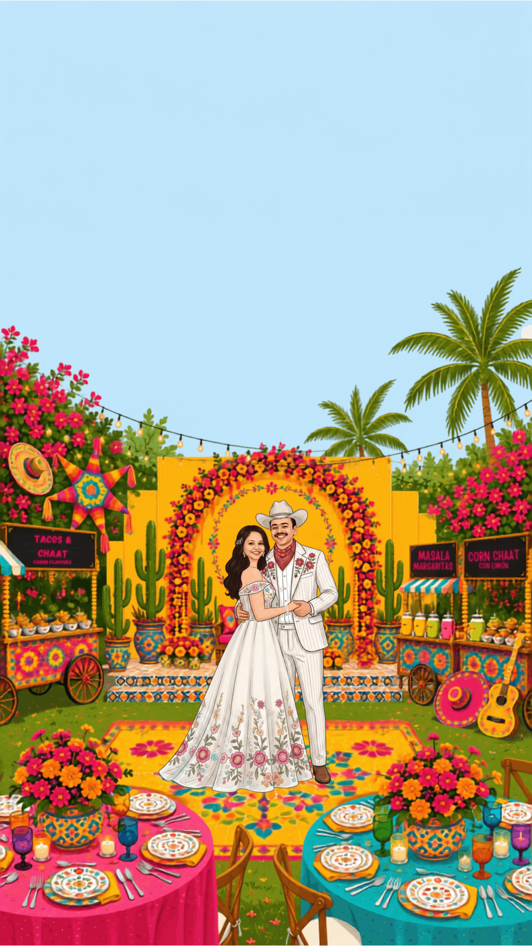 Colourful fiesta courtyard with food carts and florals